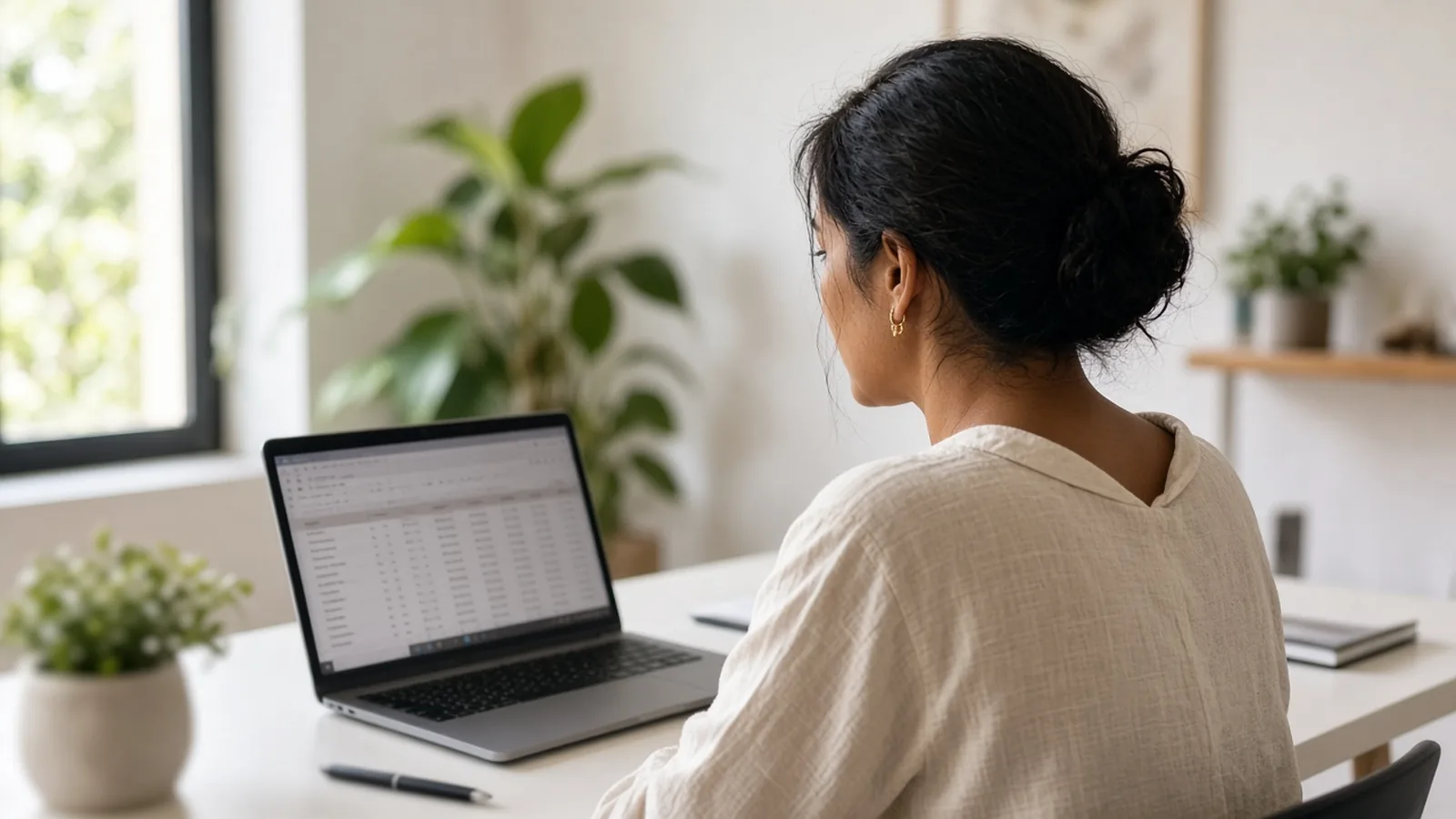 Profesional mexicana de administración revisa la conciliación bancaria en su laptop en una oficina de Mérida