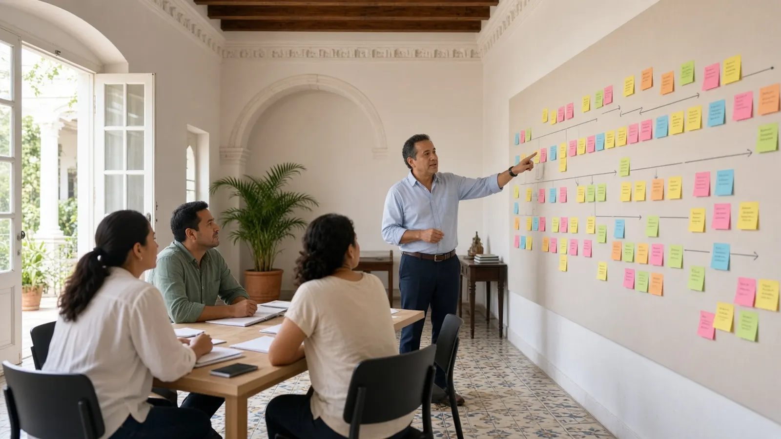 Consultor de Atypia facilita un taller de mapeo de procesos con notas adhesivas para un equipo en Mérida